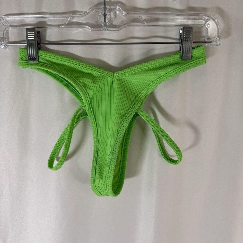 Oh Polly Swim Bikini Bottoms Women's XS Green Ribbed Thong Strappy V Cut